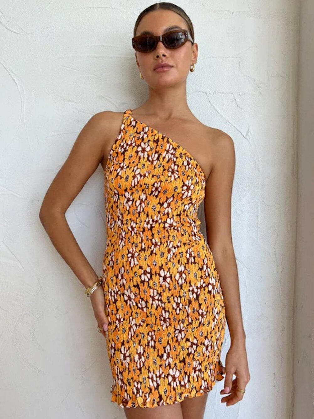 Faithfull the Brand Terre Mer One Shoulder Floral Orange Mini Dress size 4